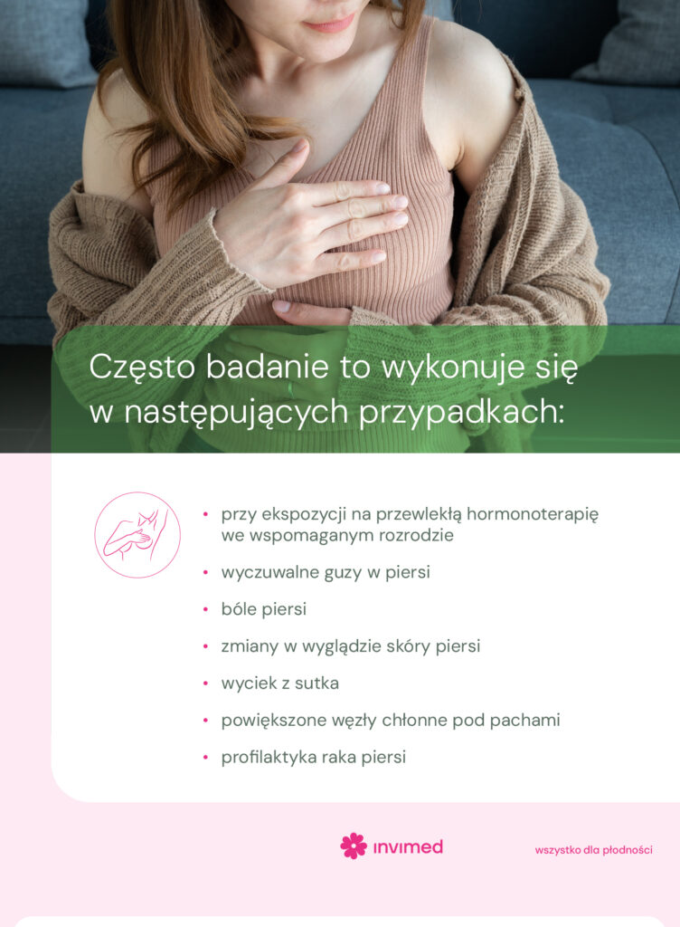 Często badanie to wykonuje się w następujących przypadkach:
przy ekspozycji na przewlekłą hormonoterapię we wspomaganym rozrodzie
wyczuwalne guzy w piersi
bóle piersi
zmiany w wyglądzie skóry piersi
wyciek z sutka
powiększone węzły chłonne pod pachami
profilaktyka raka piersi